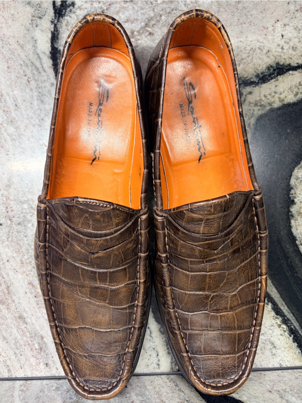 Santoni Croc Embossed Penny Loafers Brown Leather US 10 UK 9.5 Italy - Picture 9 of 11